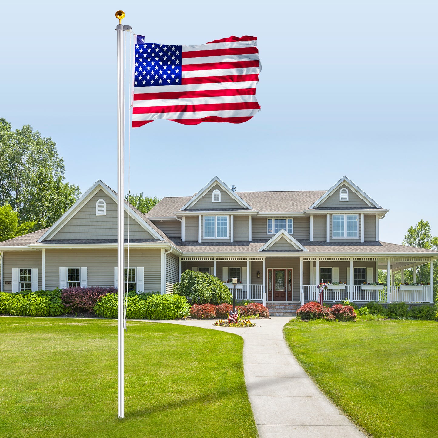 25FT Sectional Flag Pole Kit – Heavy Duty Aluminum Outdoor Flagpole with Ball Topper & 3x5 USA Flag, Silver