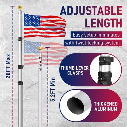 20FT Telescopic Silver Flag Pole Kit – Heavy Duty Aluminum In-Ground Flagpole with Gold Ball Top & USA Flags