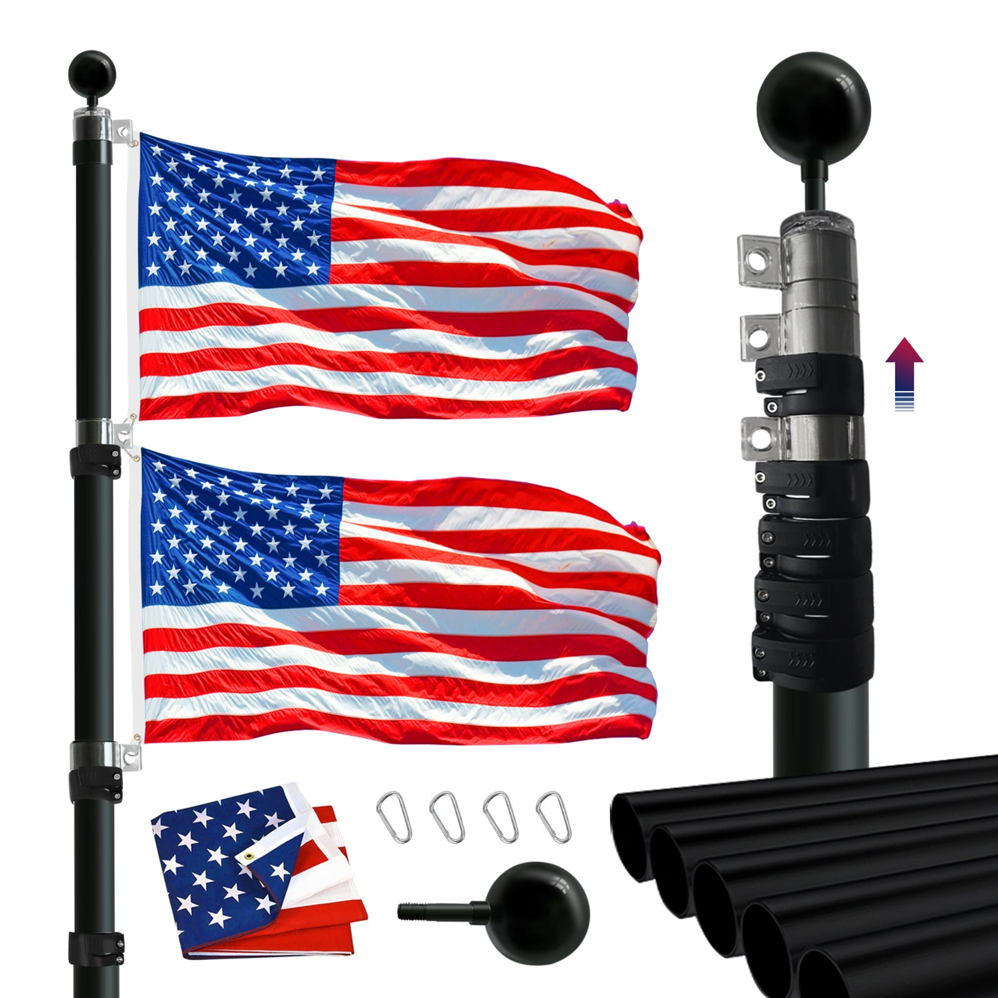 25FT Telescopic Black Flag Pole Kit – Heavy Duty Aluminum In-Ground Flagpole with Twist Lock, 3x5 USA Flag & Ball Top
