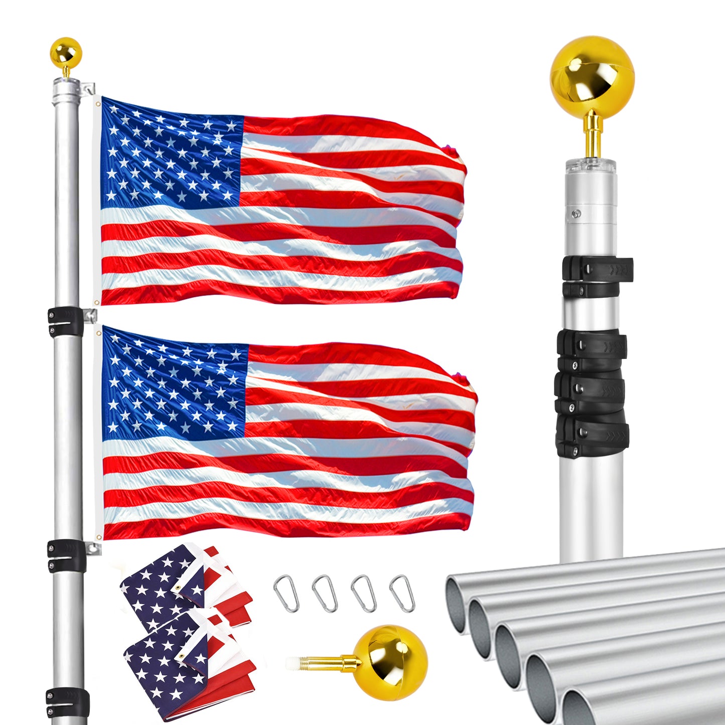 20FT Telescopic Silver Flag Pole Kit – Heavy Duty Aluminum In-Ground Flagpole with Gold Ball Top & USA Flags
