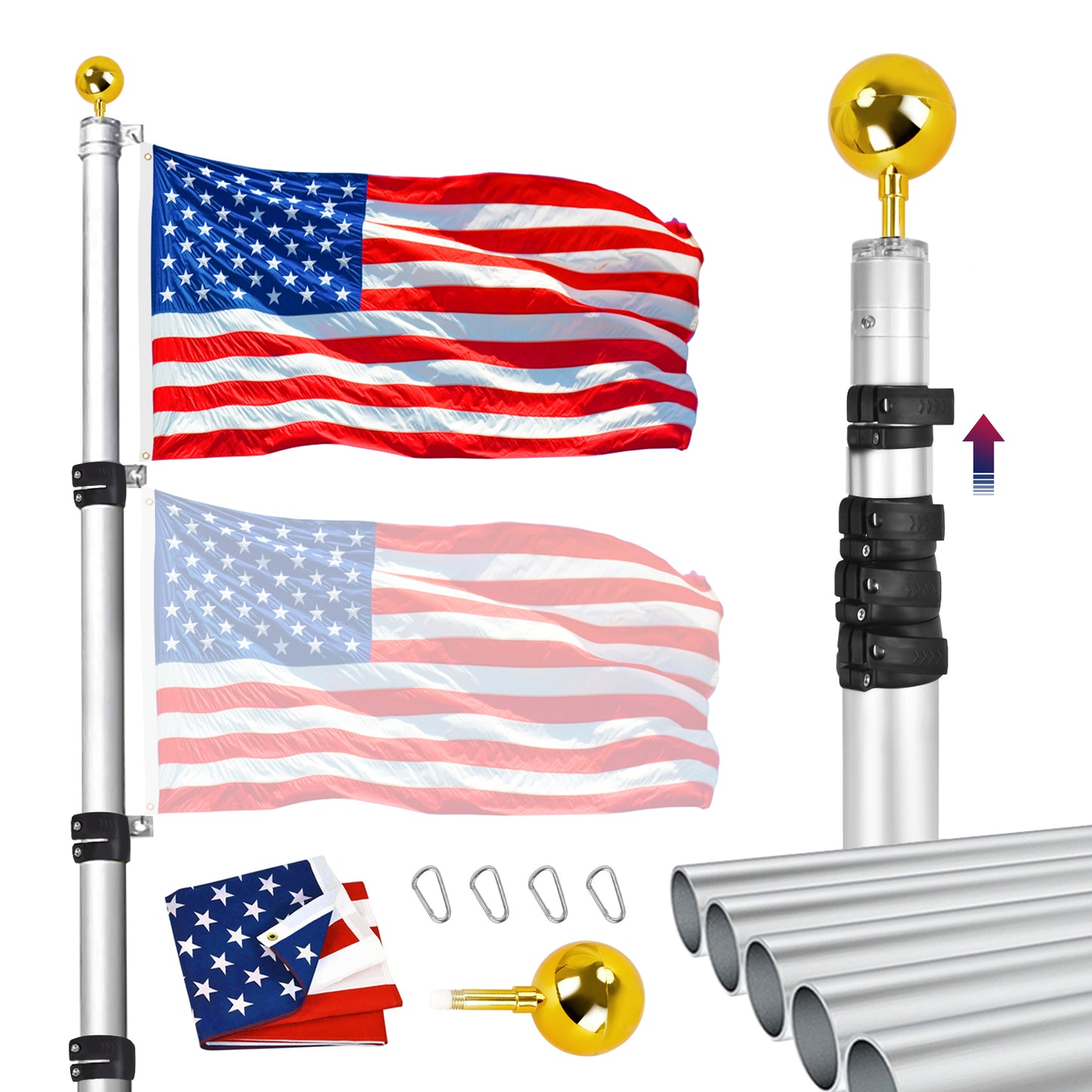 25FT Telescopic Flag Pole Kit – Heavy Duty Aluminum Flagpole with Thumb Buckle Lock, Fly 2 Flags, Gold Ball Top & 2 USA Flags