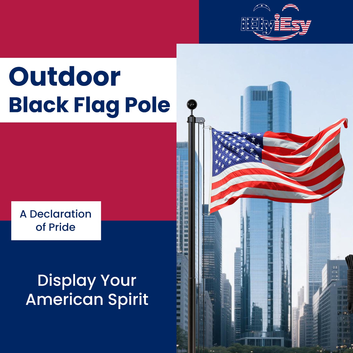 25FT Black Sectional Flag Pole Kit – Heavy Duty Aluminum Outdoor Flagpole with Ball Topper & 3x5 USA Flag