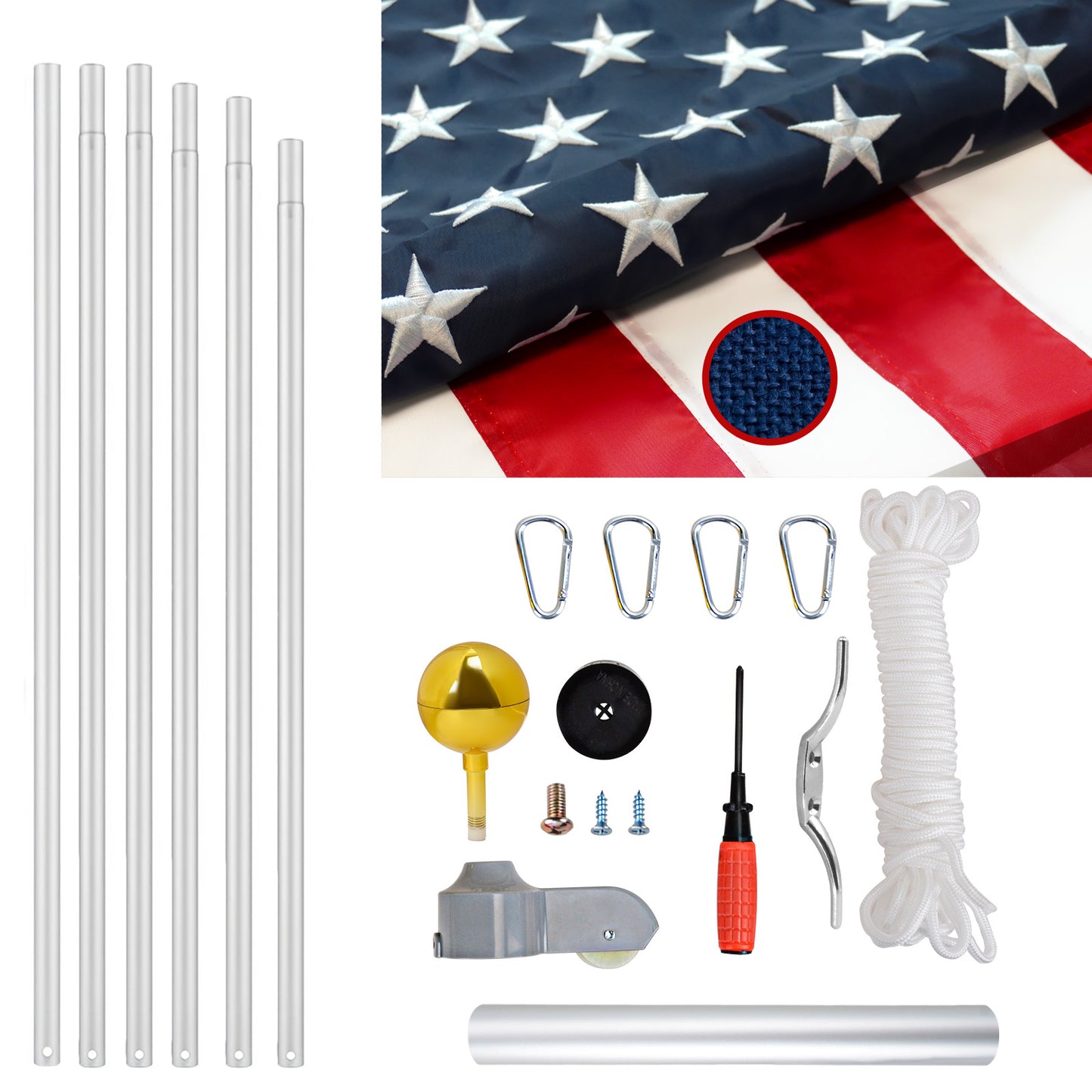 25FT Heavy-Duty  Aluminum Flag Pole Kit with Embroidered 3×5' American Flag Premium Thick Aluminum Construction