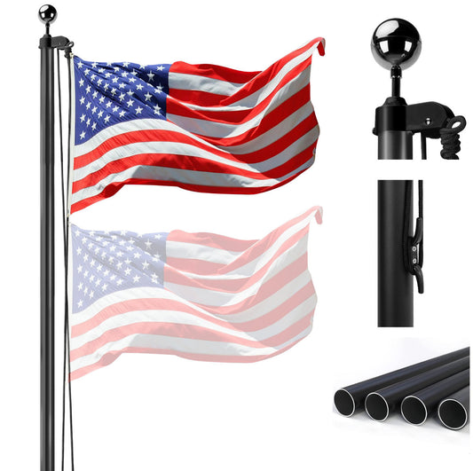 20FT Sectional Black Flag Pole Kit – Heavy Duty Aluminum In-Ground Flagpole with Ball Topper & Free USA Flag