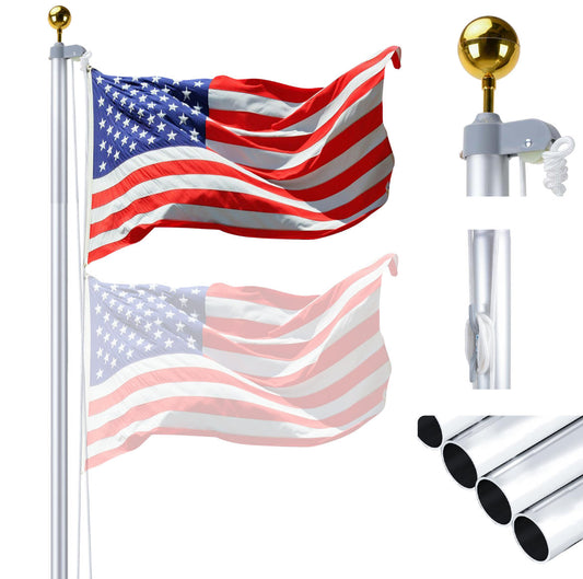 20FT Sectional Silver Flag Pole Kit – Heavy Duty Aluminum In-Ground Flagpole with Golden Ball Topper & Free American Flag