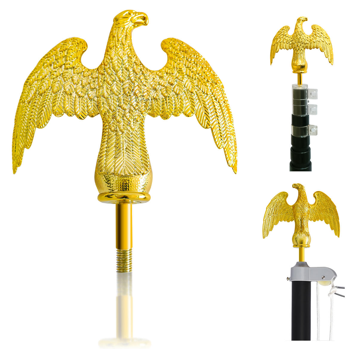 Eagle Flag Pole Topper – Gold Eagle Finial Ornament, 1/2"-13UNC Thread, Fits 20/25/30 Ft Telescopic & Sectional Flagpoles Outdoor